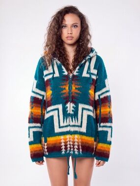 Tejidos Ruminahui Sweater  Ecuador Southwestern Geometric Full Zip Heavy Knit Sm